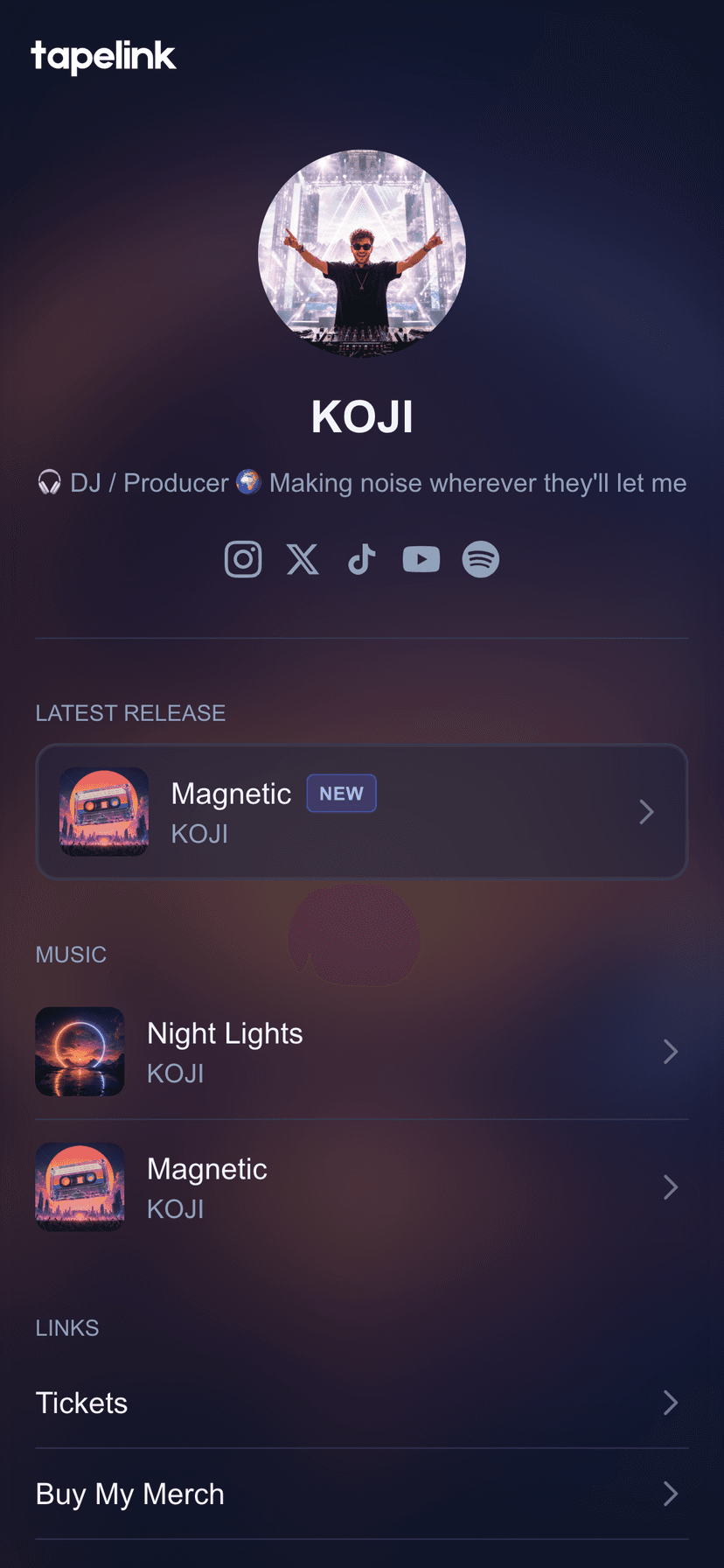 Artist page with aurora gradient theme