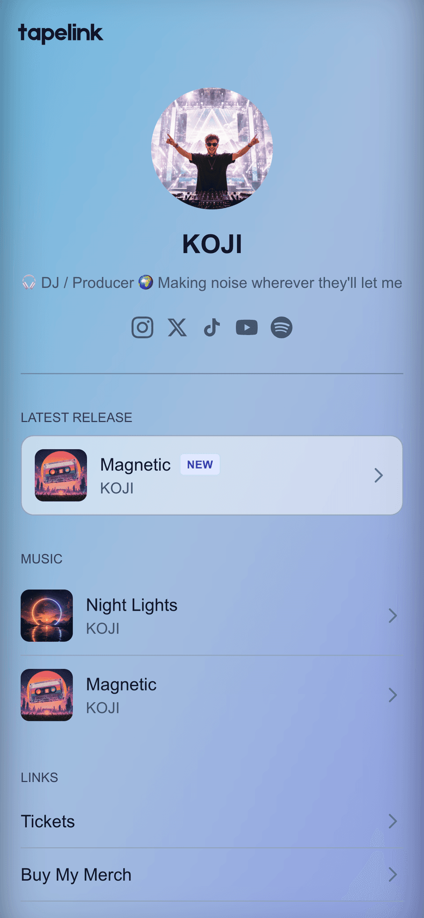 Artist page with banner hero theme