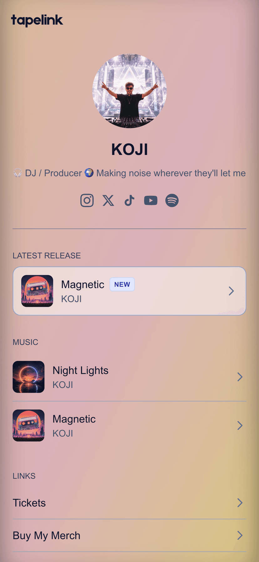 Artist page with classic peach theme